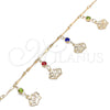 Oro Laminado Charm Anklet , Gold Filled Style Crown and Rattle Charm Design, with Multicolor Crystal, Polished, Golden Finish, 03.213.0115.1.10 (01 MM Thickness, 10 Inches Length)