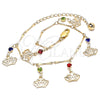 Oro Laminado Charm Anklet , Gold Filled Style Crown and Rattle Charm Design, with Multicolor Crystal, Polished, Golden Finish, 03.213.0115.1.10 (01 MM Thickness, 10 Inches Length)