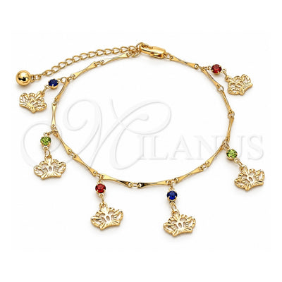 Oro Laminado Charm Anklet , Gold Filled Style Crown and Rattle Charm Design, with Multicolor Crystal, Polished, Golden Finish, 03.213.0115.1.10 (01 MM Thickness, 10 Inches Length)