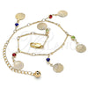 Oro Laminado Charm Anklet , Gold Filled Style Rattle Charm Design, with Multicolor Crystal, Polished, Golden Finish, 03.213.0116.10 (01 MM Thickness, 10 Inches Length)