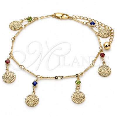 Oro Laminado Charm Anklet , Gold Filled Style Rattle Charm Design, with Multicolor Crystal, Polished, Golden Finish, 03.213.0116.10 (01 MM Thickness, 10 Inches Length)