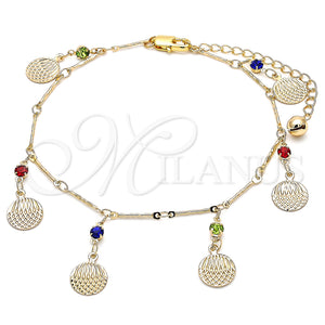 Gold Filled Anklet — Charm Anklet Rattle Charm Design with Multicolor Crystal — main product view — SKU 141235 | Oro Laminado tobillera — Charm Anklet Rattle Charm diseño with Multicolor cristal — SKU 141235