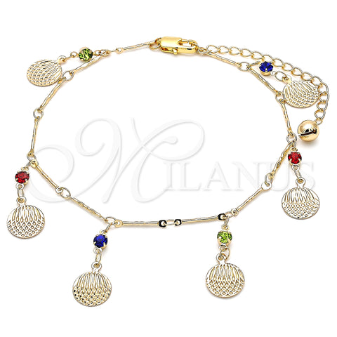 Oro Laminado Charm Anklet , Gold Filled Style Rattle Charm Design, with Multicolor Crystal, Polished, Golden Finish, 03.213.0116.10 (01 MM Thickness, 10 Inches Length)