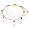 Oro Laminado Charm Anklet , Gold Filled Style key and Rattle Charm Design, with Multicolor Crystal, Polished, Golden Finish, 03.213.0092.1.10 (01 MM Thickness, 10 Inches Length)