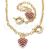 Oro Laminado Necklace and Bracelet, Gold Filled Style Heart and Crown Design, with Garnet and White Crystal, Polished, Golden Finish, 06.63.0251.1