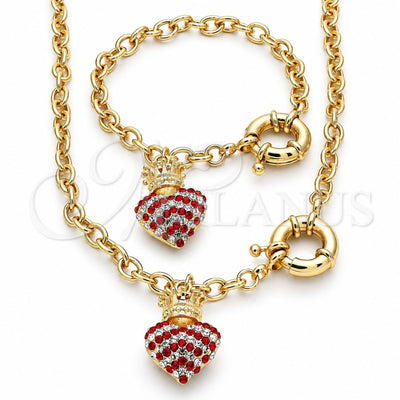 Oro Laminado Necklace and Bracelet, Gold Filled Style Heart and Crown Design, with Garnet and White Crystal, Polished, Golden Finish, 06.63.0251.1