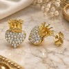 Oro Laminado Stud Earring, Gold Filled Style Heart and Crown Design, with White Crystal, Polished, Golden Finish, 02.63.2708