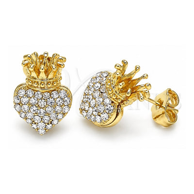 Oro Laminado Stud Earring, Gold Filled Style Heart and Crown Design, with White Crystal, Polished, Golden Finish, 02.63.2708