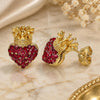 Oro Laminado Stud Earring, Gold Filled Style Heart and Crown Design, with Garnet Crystal, Polished, Golden Finish, 02.63.2708.1
