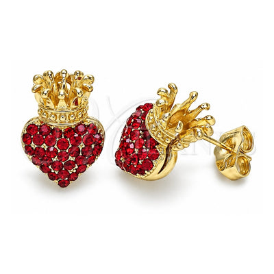 Oro Laminado Stud Earring, Gold Filled Style Heart and Crown Design, with Garnet Crystal, Polished, Golden Finish, 02.63.2708.1