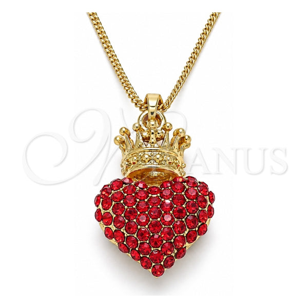 Oro Laminado Pendant Necklace, Gold Filled Style Heart and Crown Design, with Garnet Crystal, Polished, Golden Finish, 04.63.1408.1.20 (02 MM Thickness, 20 Inches Length)