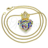 Oro Laminado Pendant Necklace, Gold Filled Style Heart and Crown Design, with Multicolor Crystal, Polished, Golden Finish, 04.63.1408.2.20 (02 MM Thickness, 20 Inches Length)