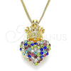 Oro Laminado Pendant Necklace, Gold Filled Style Heart and Crown Design, with Multicolor Crystal, Polished, Golden Finish, 04.63.1408.2.20 (02 MM Thickness, 20 Inches Length)