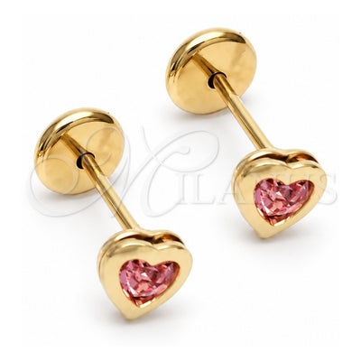 Oro Laminado Stud Earring, Gold Filled Style Heart Design, with Pink Cubic Zirconia, Polished, Golden Finish, 02.09.0210
