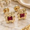 Oro Laminado Stud Earring, Gold Filled Style Teddy Bear Design, with Garnet Cubic Zirconia, Polished, Golden Finish, 02.09.0204.1
