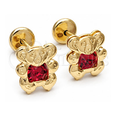 Oro Laminado Stud Earring, Gold Filled Style Teddy Bear Design, with Garnet Cubic Zirconia, Polished, Golden Finish, 02.09.0204.1