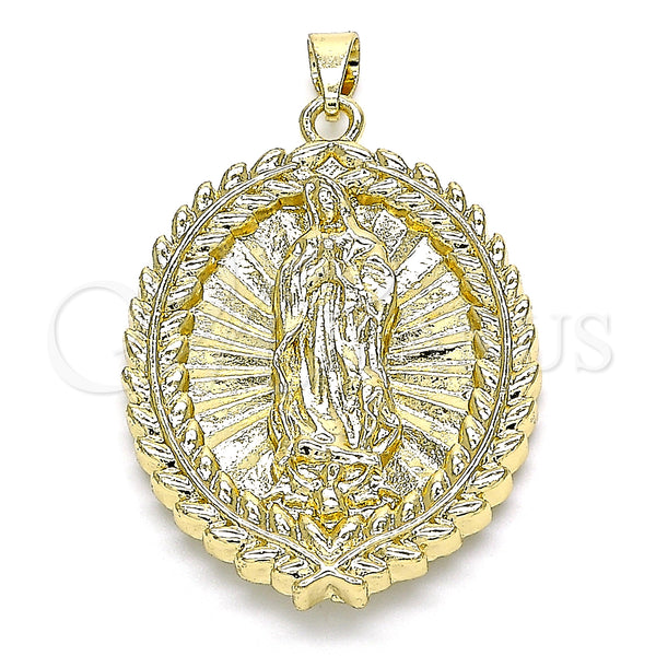 Oro Laminado Religious Pendant, Gold Filled Style Guadalupe and Leaf Design, Polished, Golden Finish, 05.213.0093