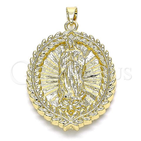 Oro Laminado Religious Pendant, Gold Filled Style Guadalupe and Leaf Design, Polished, Golden Finish, 05.213.0093