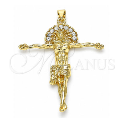 Oro Laminado Religious Pendant, Gold Filled Style Jesus Design, with White Crystal, Polished, Golden Finish, 05.213.0094