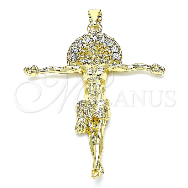 Oro Laminado Religious Pendant, Gold Filled Style Jesus Design, with White Crystal, Polished, Golden Finish, 05.213.0094