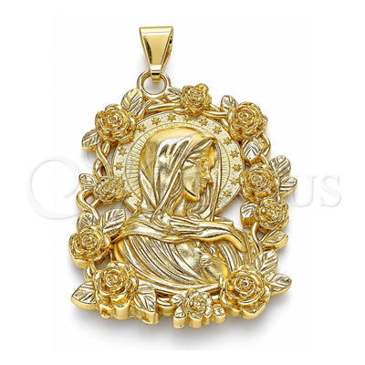 Oro Laminado Religious Pendant, Gold Filled Style Sagrado Corazon de Maria and Flower Design, Polished, Golden Finish, 05.213.0101
