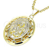 Oro Laminado Religious Pendant, Gold Filled Style Caridad del Cobre Design, with White Crystal, Polished, Golden Finish, 05.213.0104