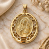 Oro Laminado Religious Pendant, Gold Filled Style Caridad del Cobre Design, with White Crystal, Polished, Golden Finish, 05.213.0104