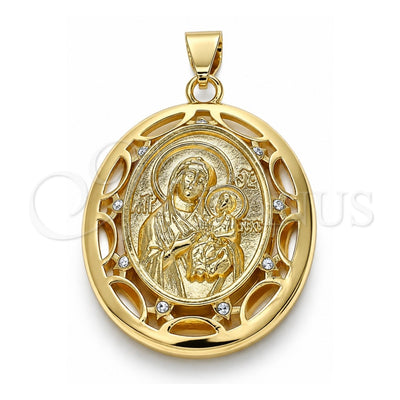 Oro Laminado Religious Pendant, Gold Filled Style Caridad del Cobre Design, with White Crystal, Polished, Golden Finish, 05.213.0104
