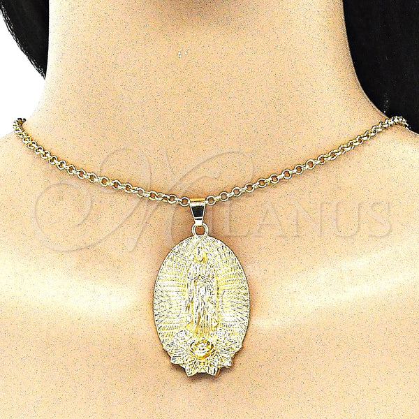 Gold Filled Pendant — Religious Pendant Guadalupe and Flower Design Diamond Cutting — alternate product view — SKU 141273 | Oro Laminado dije — Religious Pendant Guadalupe and flor diseño Diamond Cutting — SKU 141273