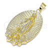 Oro Laminado Religious Pendant, Gold Filled Style Guadalupe and Flower Design, Diamond Cutting Finish, Golden Finish, 05.213.0108