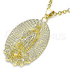 Oro Laminado Religious Pendant, Gold Filled Style Guadalupe and Flower Design, Diamond Cutting Finish, Golden Finish, 05.213.0108