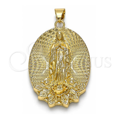 Oro Laminado Religious Pendant, Gold Filled Style Guadalupe and Flower Design, Diamond Cutting Finish, Golden Finish, 05.213.0108
