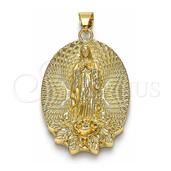 Oro Laminado Religious Pendant, Gold Filled Style Guadalupe and Flower Design, Diamond Cutting Finish, Golden Finish, 05.213.0108