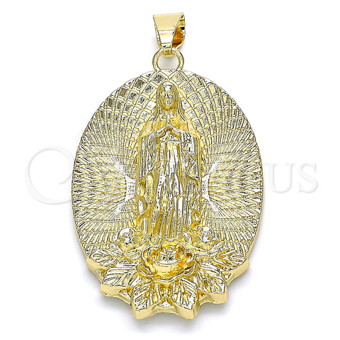 Oro Laminado Religious Pendant, Gold Filled Style Guadalupe and Flower Design, Diamond Cutting Finish, Golden Finish, 05.213.0108