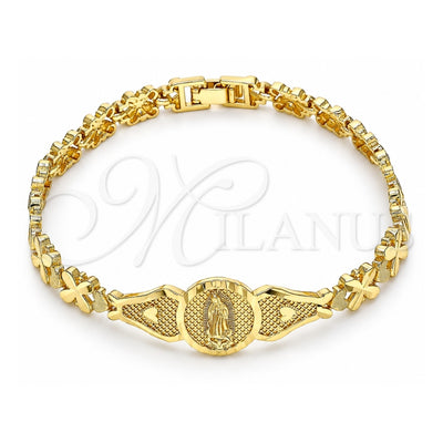 Oro Laminado Fancy Bracelet, Gold Filled Style Guadalupe and Heart Design, Diamond Cutting Finish, Golden Finish, 03.100.0068.08 (07 MM Thickness, 8 Inches Length)