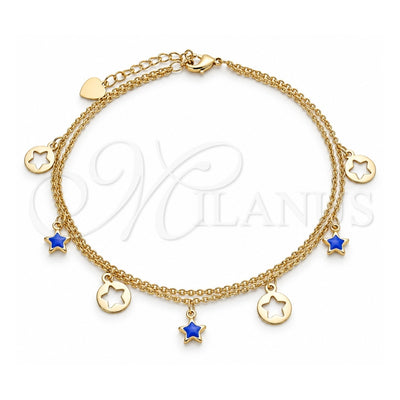 Oro Laminado Charm Anklet , Gold Filled Style Star Design, Blue Enamel Finish, Golden Finish, 03.213.0125.10 (02 MM Thickness, 10 Inches Length)