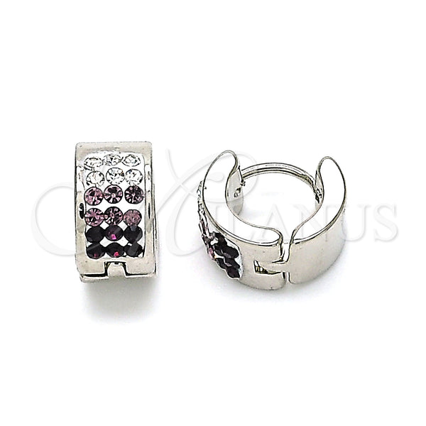 Stainless Steel Hoop Earrings — Huggie Hoop with Amethyst and White Crystal Polished — main product view — SKU 141297 | Acero Inoxidable aretes de aro — Huggie Hoop with Amethyst and cristal blanco pulido — SKU 141297