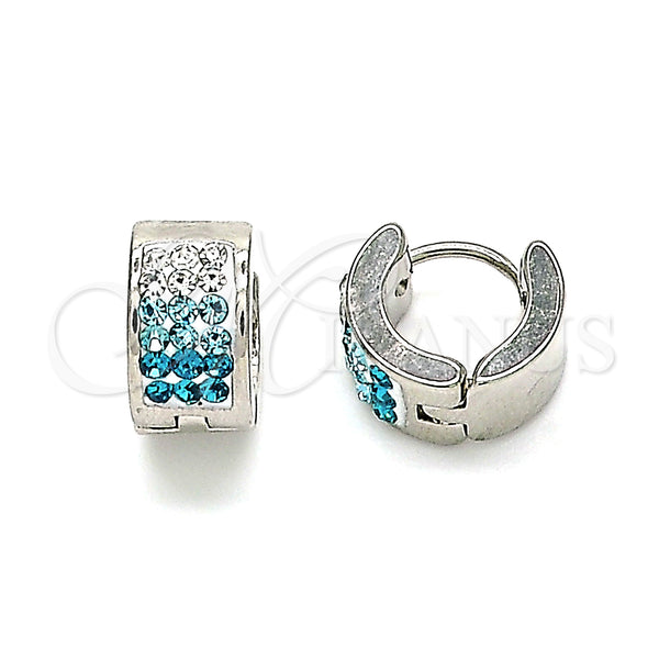 Stainless Steel Hoop Earrings — Huggie Hoop with Aqua Blue and White Crystal — main product view — SKU 141300 | Acero Inoxidable aretes de aro — Huggie Hoop with Aqua Blue and cristal blanco — SKU 141300