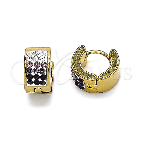 Stainless Steel Hoop Earrings — Huggie Hoop with Amethyst and White Crystal Polished — main product view — SKU 141302 | Acero Inoxidable aretes de aro — Huggie Hoop with Amethyst and cristal blanco pulido — SKU 141302
