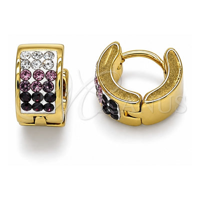 Stainless Steel Huggie Hoop, with Amethyst and White Crystal, Polished, Golden Finish, 02.230.0048.6.10