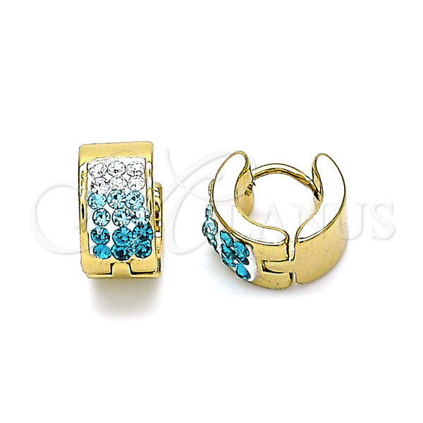 Stainless Steel Hoop Earrings — Huggie Hoop with Aqua Blue and White Crystal — main product view — SKU 141303 | Acero Inoxidable aretes de aro — Huggie Hoop with Aqua Blue and cristal blanco — SKU 141303