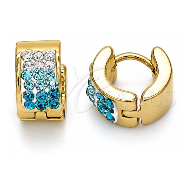 Stainless Steel Huggie Hoop, with Aqua Blue and White Crystal, Polished, Golden Finish, 02.230.0048.7.10