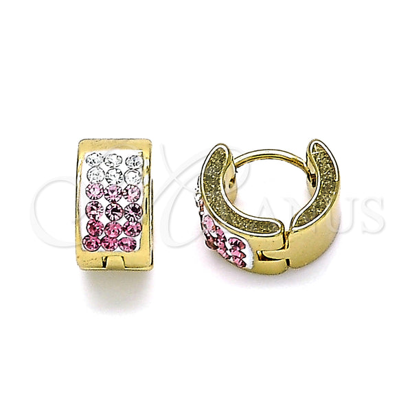Stainless Steel Hoop Earrings — Huggie Hoop with Pink and White Crystal Polished — main product view — SKU 141304 | Acero Inoxidable aretes de aro — Huggie Hoop with Pink and cristal blanco pulido — SKU 141304