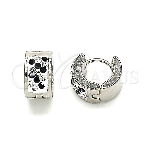 Stainless Steel Hoop Earrings — Huggie Hoop with Black and White Crystal Polished — main product view — SKU 141312 | Acero Inoxidable aretes de aro — Huggie Hoop with negro and cristal blanco pulido — SKU 141312