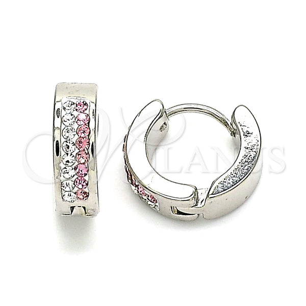 Stainless Steel Hoop Earrings — Huggie Hoop with Pink and White Crystal Polished — main product view — SKU 141359 | Acero Inoxidable aretes de aro — Huggie Hoop with Pink and cristal blanco pulido — SKU 141359
