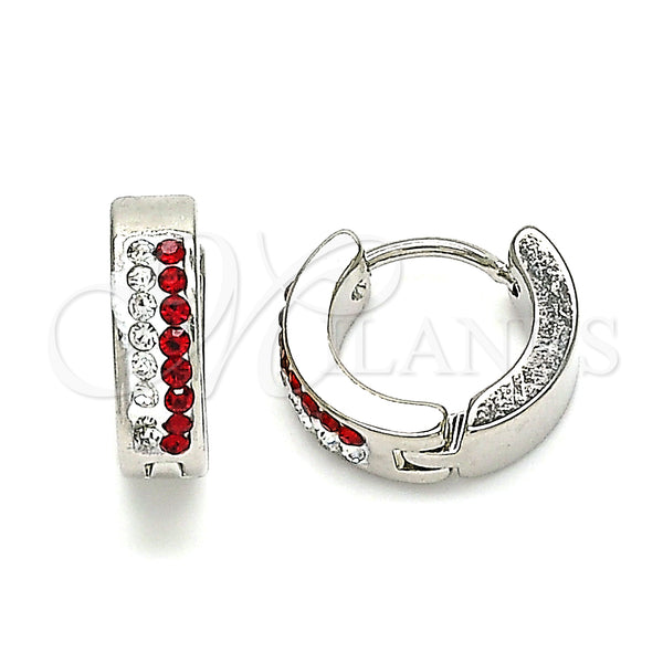 Stainless Steel Hoop Earrings — Huggie Hoop with Garnet and White Crystal Polished — main product view — SKU 141360 | Acero Inoxidable aretes de aro — Huggie Hoop with Garnet and cristal blanco pulido — SKU 141360