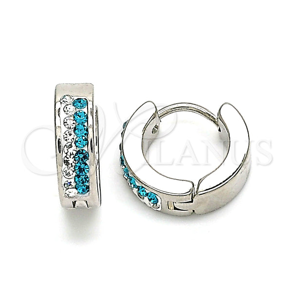 Stainless Steel Hoop Earrings — Huggie Hoop with Aqua Blue and White Crystal — main product view — SKU 141361 | Acero Inoxidable aretes de aro — Huggie Hoop with Aqua Blue and cristal blanco — SKU 141361
