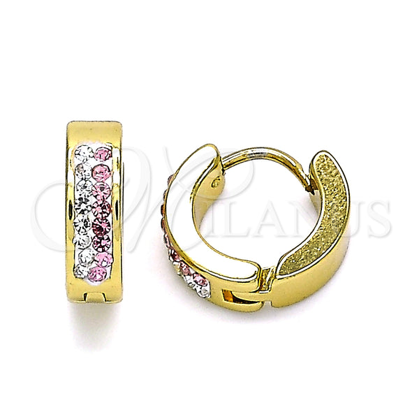 Stainless Steel Hoop Earrings — Huggie Hoop with Pink and White Crystal Polished — main product view — SKU 141362 | Acero Inoxidable aretes de aro — Huggie Hoop with Pink and cristal blanco pulido — SKU 141362
