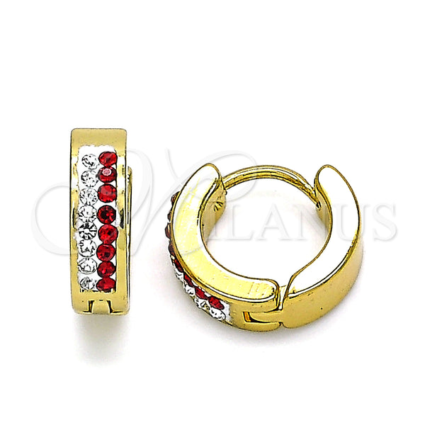 Stainless Steel Hoop Earrings — Huggie Hoop with Garnet and White Crystal Polished — main product view — SKU 141363 | Acero Inoxidable aretes de aro — Huggie Hoop with Garnet and cristal blanco pulido — SKU 141363