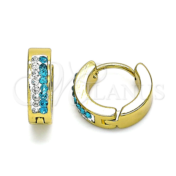 Stainless Steel Hoop Earrings — Huggie Hoop with Aqua Blue and White Crystal — main product view — SKU 141364 | Acero Inoxidable aretes de aro — Huggie Hoop with Aqua Blue and cristal blanco — SKU 141364